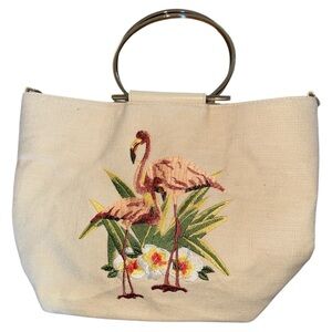 Bueno Embroidered Canvas Tropical Flamingo Silver Metal Top Handle Tote Purse‎